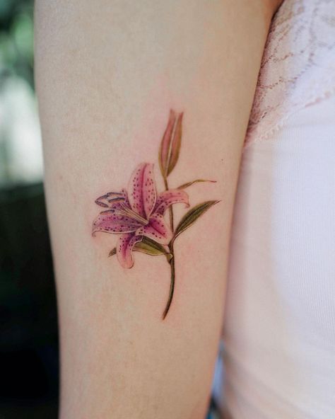 Stargazer Lily Tattoo Design, Lily Tattoo Colorful, Stargazer Flower Tattoo, Pink Lilies Tattoo, Western Red Lily Tattoo, Stargazer Lilies Tattoo, Lily Stargazer Tattoos, Star Gazer Lily Tattoo Small, Small Tiger Lily Tattoo