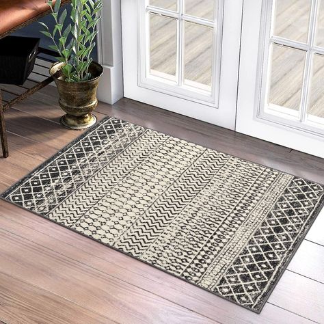 Nailttos Moroccan Area Rug, 2x3 Black Distressed Entryway Rug Non-Slip Small Rug, Soft Low-Pile Washable Indoor Door Mat Floor Carpet for Entrance Bedroom Kitchen Bathroom Kitchen Area Rugs, Geometric Floor, Indoor Door, Indoor Door Mats, Indoor Doors, Chic Rug, Front Door Mats, Moroccan Area Rug, Floor Carpet