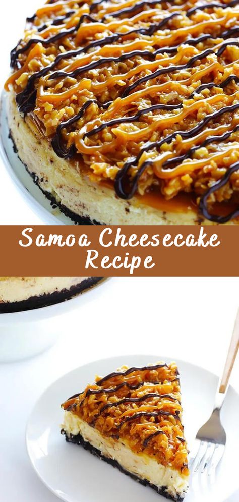 Samoa Cheesecake Recipe Homemade Samoas Cookies, Caramel Coconut Cheesecake, Samoa Cheesecake Recipe, Smore Cheesecake Recipe, Different Kinds Of Cheesecake, Different Cheesecake Recipes, Fall Cheesecake Flavors, Classic Food Recipes, Coconut Cheesecake Recipes