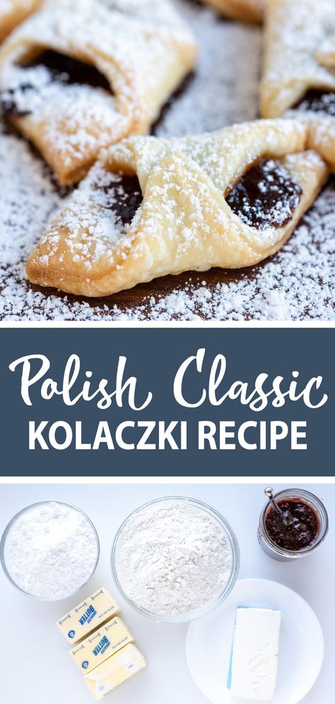 Polish Recipes Authentic Desserts, Kolache Cookies Polish, Easy Kolacky Cookies, Klotchky Recipe, Kruschiki Recipe, Kolacky Cookies Recipes, Kalochky Cookies, Kolaczki Recipe Polish, Kolaczki Cookies Recipe Easy