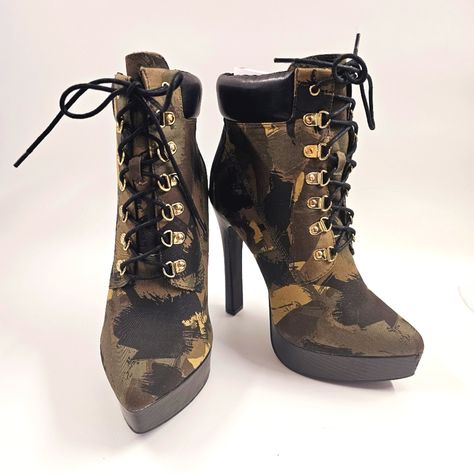 Shoe Dazzle 8.5 E 5.5" Heel Jacelyn Camo Lace-Up Ankle Platform Statement Boots Casual, Dressy, Special Occasion, Fashion Statement, Stiletto -Size 8.5" E -1" Front Platform, 5/5" Heels -1/2" Platforms -Color Camo Black, Green, Tan -Lace-Up -Platform Ankle Boots -Camo Style -Statement -All Man Made Material -Very Good Condition, Never Worn -Scuff On Left Boot From Storage. See Pic 6 -Cl 15099 Statement Boots, Pretty Sneakers, Camo Style, Casual Dressy, Camo Fashion, Boots Casual, Platform Ankle Boots, Shoe Dazzle, Style Statement