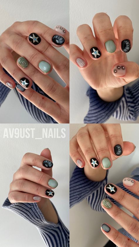 Short Grunge Nails Aesthetic, Nail Green And Black, Alternative Gel Nails, Edgy Gel Nails Short, Black Grunge Nails Short, Dark Colored Nail Designs, Indie Short Nails, The Last Of Us Nails Art, Grungy Nail Art