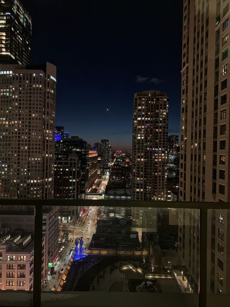 Apartment With City View Night, Apartment Night View City Lights, Apartment Building Aesthetic Night, Downtown Chicago Penthouse, City In Night Aesthetic, View From Apartment At Night, High Rise New York Apartment, City Skyline Night Aesthetic, Nyc Apartment At Night