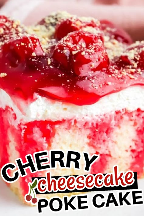 Dessert Recipes Cherry Pie Filling, White Cake Mix Cherry Pie Filling, Cherry Poke Cake Recipes Easy, Dessert Recipes Using Cherry Pie Filling, Fruit Poke Cake Recipes, Cherries In The Snow Poke Cake, White Cake With Cherries On Top, Desert For Potluck Easy Desserts, Box Cake Poke Cake