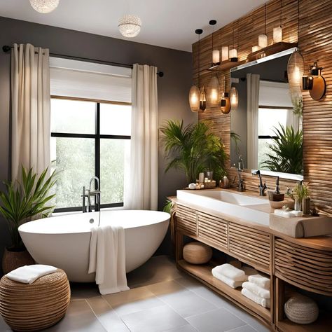 Spa Bathroom Ideas for a Tranquil and Stylish Home Oasis Home Inspiration Bathroom, Natural Light Bathroom Ideas, Home Bathroom Spa Ideas, Modern Spa Bathroom Design, African Bathroom Ideas, Organic Spa Bathroom, Bathroom Sit Down Vanity, Spa Bathrooms On A Budget, Shower With Plants Inside