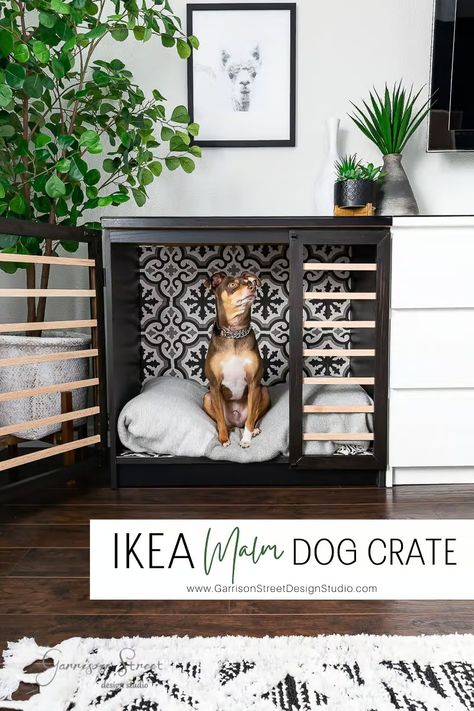 IKEA Malm Dog Crate Hack | ©GarrisonStreetDesignStudio | IKEA | Malm | Dog Crate | Hack | IKEA Hack | Malm Dresser Hack | Dog Crate Ideas | Dog Crate Furniture | Custom Dog Crate | Modern | Dog House | DIY | Makeover | How to | Tutorial | Malm Makeover | Upgrade | Cute | Dog Crate Table | Dog Crate Dresser | Dog Crate Decorating Ideas | In Bedroom | Furniture Style Dog Crate | Hidden Dog Crate | Side Table | Bedroom Ideas | Dresser Makeover | IKEA Malm DIY | Dog | Kennel | Cage | Ideas Dresser Dog Crate, Dog Crate Hack, Crate Dresser, Malm Diy, Dog Crate Ideas, Ikea Dog, Dresser Hack, Ikea Malm Dresser, Diy Dog Crate