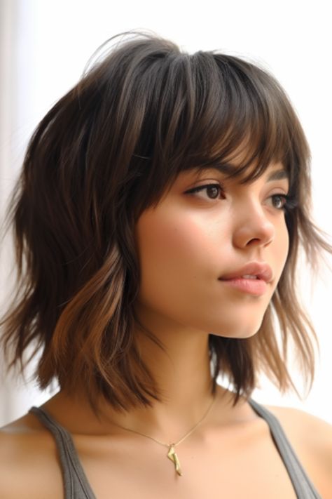 Consider getting curtain bangs with a cut for a retro yet timeless vibe. The curtain bangs beautifully frame your face, while the shaggy layers add texture and dimension. Click here to check out more beautiful short shaggy haircuts for fine hair.