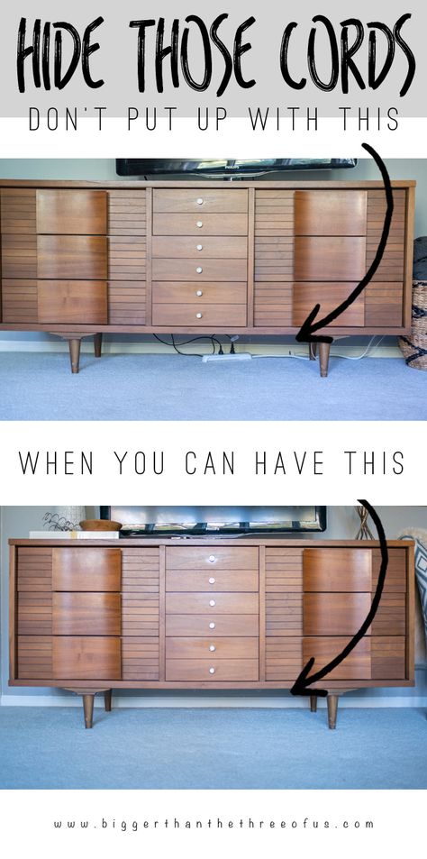 Hide Those Cords - Need help hiding cords behind your media cabinet? Look no further. Surge Protector Hide Diy, Ways To Hide Tv Cords, Hiding Tv Wires, Hide Cords On Wall, Hide Cords, Electrical Wires, Hidden Tv, Living Tv, Hide Wires