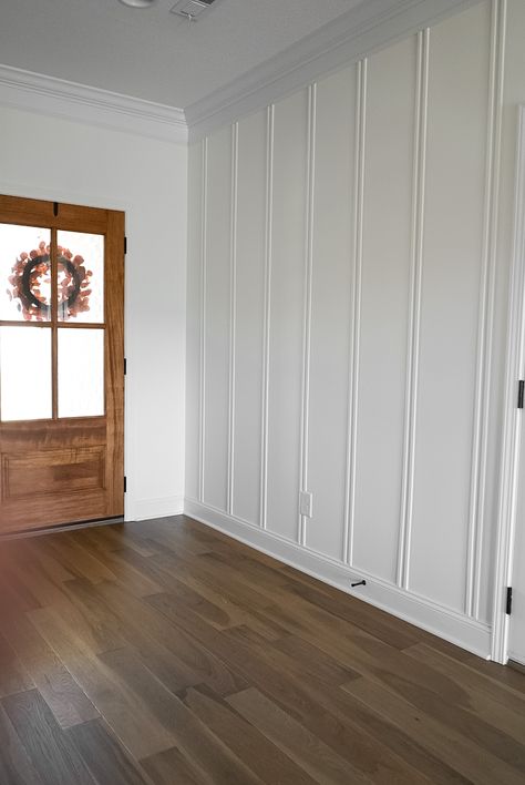 1x2 Accent Wall Vertical, Accent Wall Around Door, Ornate Board And Batten, Entry Way Accent Wall Wood, Small Entry Accent Wall, Board And Barton Stairwell, Trim Board Accent Wall, Dining Accent Wall Ideas, Fluted Board And Batten