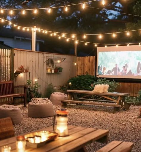 Stringing Lights In Backyard, Patio And Backyard Ideas, Light In Backyard, String Lights Backyard Ideas, Porch Nook Ideas, Tiny House Patio Outdoor Spaces, Active Backyard Ideas, Backyard And Deck Ideas, Covered Patio Before And After