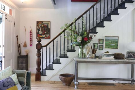 Hollywood in Upstate New York: Amanda Pays and Corbin Bernsen's Latest House Remodel Opened Up Staircase, 1940s Staircase, Staircase Color, Vintage Staircase, Amanda Pays, Entrance Tables, Corbin Bernsen, Oak Beams, I Spy Diy