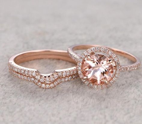 Rose Gold Engagement Rings You Must Check Out Now! 2 Wedding Bands, Rose Gold Wedding Rings, Trio Ring Set, Trio Ring, Beach Island, Morganite Engagement, Bridal Ring Sets, Morganite Engagement Ring, Rose Engagement Ring