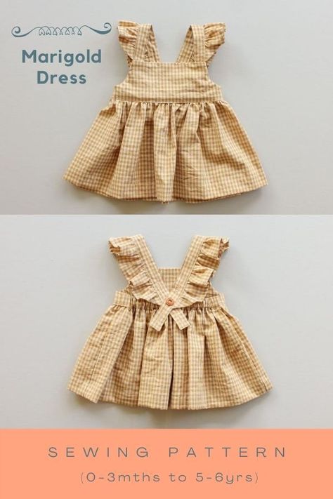 The Marigold Dress sewing pattern (0-3mths to 5-6yrs). Now's your chance to make your beautiful girl this peplum style top or baby doll style dress. You also have the option of a normal strap or a cute little ruffle strap. The straps button (and unbutton) on the center back to make getting dressed a breeze. The skirt/peplum is extra full for extra fun when twirling about. Tulle Under Dress, Toddler Dress Patterns Sewing, Toddler Girl Dress Sewing Patterns Free, 1 Yard Projects Sewing, Knit Dress Toddler, Baby Dress Sewing Patterns Free, Easy Doll Dress Pattern, Dresses For Dolls Diy, Free Newborn Dress Pattern