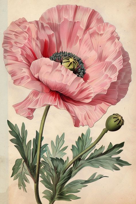 Botanical Flower Painting, Plant Art Painting, Vintage Flower Drawing, Vintage Poppy Illustration, Poppy Botanical Illustration, Pink Flower Pictures, Vintage Flower Illustration, Floral Illustration Art, Pink Poppy Flower