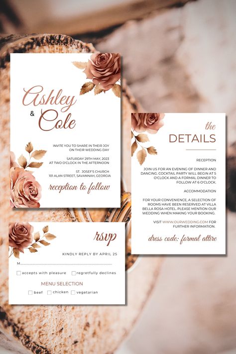 This Rose Gold wedding invitation suite template is a must have for your wedding. The wedding bundle includes an invitation, details and rsvp cards and can be edited and printed at home or at a local print store. Perfect for an elegant, romantic, rustic, Boho, Rose Gold or Dusty Rose wedding theme. Edit with Canva, a free online editor. Change the text, photo, fonts, colors and more! No additional software needed. Edit, download and print in minutes. Please note this is a printable digital item. Old Rose Wedding, Dusty Rose Wedding Theme, Rose Gold Wedding Invitation, Wedding Ideas Unique, Rose Wedding Theme, Rose Gold Wedding Invitations, Diy Wedding Inspiration, Gold Wedding Invitation, Rose Wedding Invitations