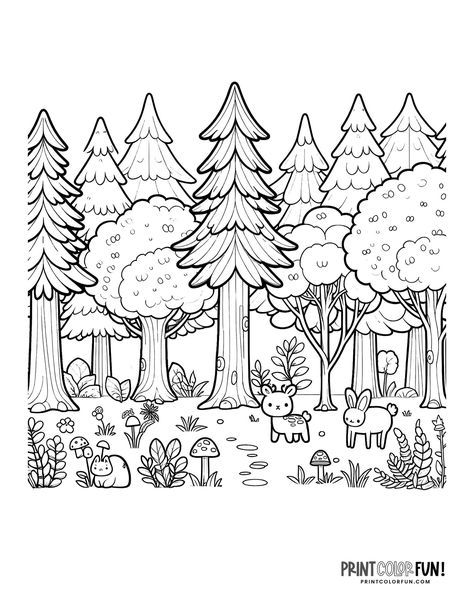 Woodland Creatures Coloring Pages, Cartoon Forest Drawing, Forest Colouring Page, Forest Background Drawing, Doodle Forest, Nature Coloring Pages, Landscape Coloring Pages, Coloring Pages Simple, Scenery Drawing For Kids