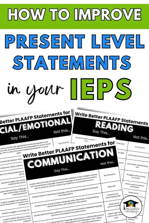 PLAAFP statements are one of the most important parts of an IEP. They is the foundation upon which IEP goals, services, accommodations and modifications are built. But writing Present Level statements can be difficult to write. Learn about the common mistakes special education teachers make when writing PLAAFP sections, how to break down your student’s Present Levels of Performance and best practices for writing Present Level statements as a special education teacher. Plaafp Statements, Iep Writing, Special Education Assessments, Iep Meeting Checklist, Discipline Plan, Sped Resources, Effective Teaching Strategies, Iep Meetings, Education Tips