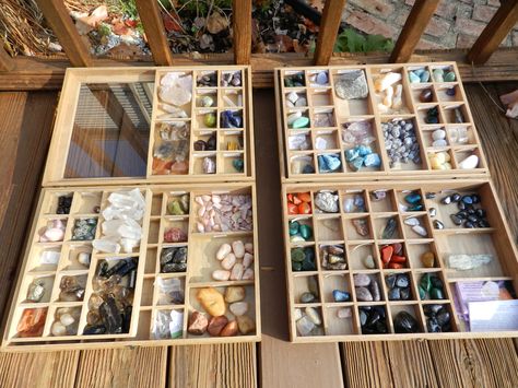 Crystal storage trays! Some of the tumbled crystals bathing in the full moon eclipse and sun energy Rock Storage, Gemstone Storage, Crystal Collection Display, Charge Your Crystals, Gemstone Display, Full Moon Eclipse, Crystal Storage, Sun Energy, Tumbled Crystals