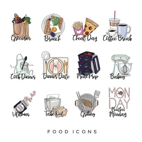 Food Planner Icons | paperpanduh Family Organisation, Agenda Stickers, Food Planner, Drawn Icons, To Do Planner, Planner Organisation, Planner Icons, Winter Craft, Hand Drawn Icons