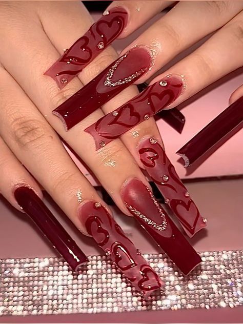 Ongles Goth, Nails Black Women, Red Acrylic Nails, Grunge Nails, Girly Acrylic Nails, Acrylic Nails Coffin Pink, Long Square Acrylic Nails, Bling Acrylic Nails, Nails Black