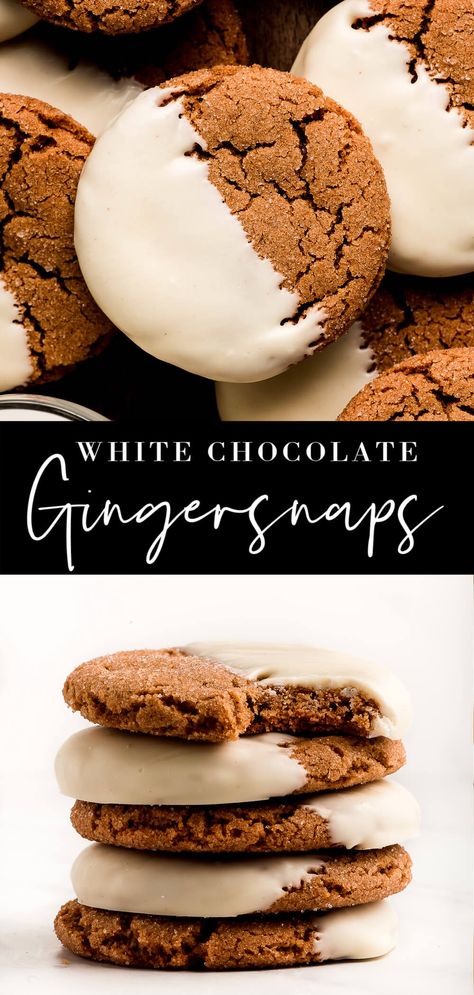 Soft and chewy White Chocolate Dipped Gingersnaps are a holiday favorite full of warm spices. Add these pretty cookies to your Christmas dessert platter! #christmascookies #christmasrecipes #gingerbreadcookies | GarnishandGlaze.com White Chocolate Dipped Gingerbread Cookies, Ginger Snap Cookies Dipped In White Chocolate, White Chocolate Dipped Molasses Cookies, Soft And Chewy Gingersnap Cookies, Dipped Molasses Cookies, Gingerbread Cookies Dipped In White Chocolate, Dipped Gingersnaps Taste Of Home, Molasses Cookies Dipped In White Chocolate, Gingerbread Dipped Cookies