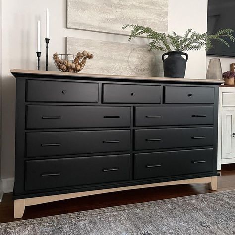 Black Boho Furniture, Refurbished Black Dresser, Black Dresser Diy, Dresser Makeover Black, Black Dresser Decor, Black Dresser Bedroom, Black Painted Dressers, Dreamy Furniture, Two Tone Furniture