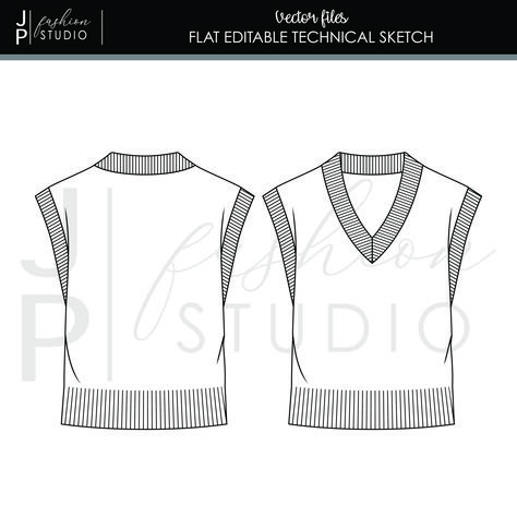 Vest Flat Sketch, Vest Technical Drawing, Sweater Flat Sketch, Vest Sketch, Vest Illustration, Top Flat Sketch, Sweater Sketch, Flat Sketches Fashion, Fashion Design Inspiration Board