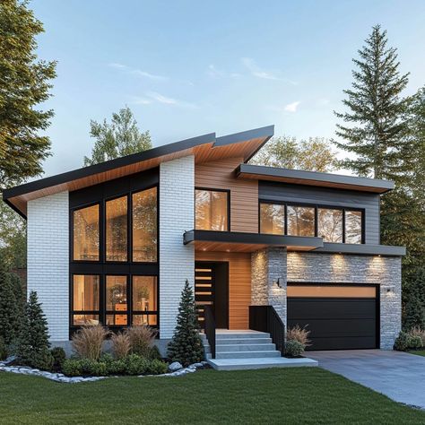 Discover your dream home in modern elegance. 🏡 This split-level masterpiece blends white brick and grey siding with warm wooden accents, creating a stunning contemporary look. Slanted roofs, large windows, and sleek black frames add to the dynamic vibe. Surrounded by nature's beauty, this is where style meets serenity. 🌳🌿 #ModernHome #ArchitectureDesign #DreamHome #ContemporaryLiving #HouseGoals #RealEstate #LuxuryLiving #HomeDesign #minimalistdesign Modern Side Split House, Modern Square House Exterior, Split Level Modern House, Modern Wooden House Design Exterior, Home Exterior Brick And Siding, Modern House With Wood Accents, Modern Raised Ranch Exterior, White Brick House Modern, Side Split Exterior Renovation