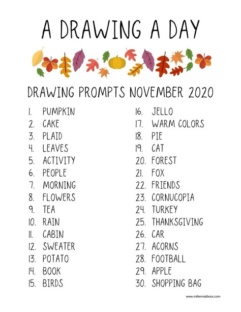 November Drawing Prompts, November Drawing Ideas, Drawing Challenge November, November Drawing Challenge, November Drawings, Drawing Prompt Generator, Thanksgiving Drawing Ideas, Prompt Generator, Drawing Base Poses