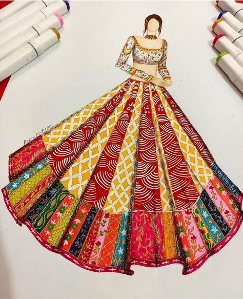 Anarkali Dress Drawing, Garba Sketch, Saree Art Drawing, Bridal Lehenga Sketch, Mandala Art Dress, Desi Sketch, Ethnic Wear Illustration, Contrast Art Ideas, Traditional Fashion Illustration