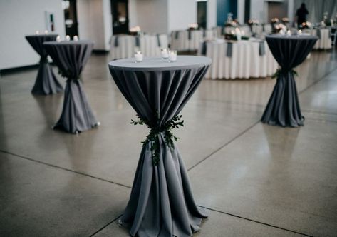 High Table Wedding Decor, Hi Top Table Decor, Tall Party Tables, Black And Silver Table Centerpieces, Black On Black Wedding Decor, Black Cocktail Tables Wedding, Black Cocktail Table Decor, Black And White Cocktail Table Decor, Black High Top Tables Wedding