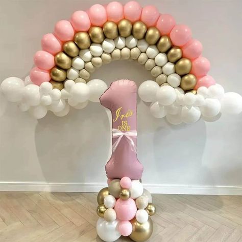 Bohemian pink number stack & rainbow arch (2.2m width) Light pink, foil number birthday balloon number stack DIY Kit (41 piece) with add-on bohemian rainbow arch garland (162 piece) - in neutral stone, light pink and chrome gold colours. The rainbow arch includes extra balloons to use as you want for your decorating. These could be filled with helium to create more looks for your party? The number stack (£18.29) includes a gold vinyl personalised name & age sticker (leave personalisation details Birthday Colour Themes, Number 1 Balloon, Rainbow Balloon Arch, Neutral Stone, First Birthday Balloons, Rainbow Arch, Bohemian Rainbow, Number Sets, Vinyl Personalized