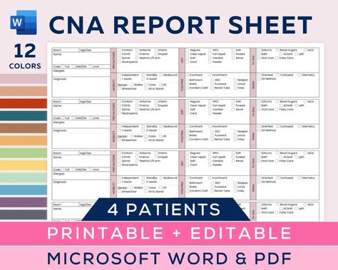 Buy CNA Shift Report Sheet Cna Brain Sheet for 4 Patients Online in India - Etsy Word Office, Nurse Tech, Patient Care Tech, Nurse Report Sheet, Nurses Station, Microsoft Office Word, Certified Nursing Assistant, Office Word, Nursing Assistant