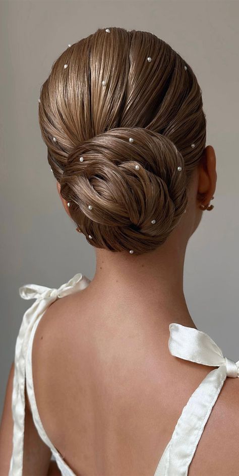 chic updos, updos, updo hairstyle, cute updo, simple updo, chignon, high updo Low Bun With Pearls, Bun With Pearls, High Bun Updo, Updo Simple, Classic Updo Hairstyles, Spanish Hair, Enchanting Hairstyles, Cornrow Updo Hairstyles, Spanish Hairstyles