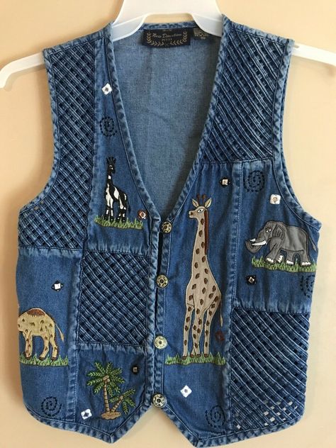 New Direction Petite Medium Denim Safari Vest Lattice Weave Pattern 🐘🐪🦒. Very nice preowned condition. Appliquéd elephant, giraffe, camel, palm tree. Lattice weave pattern on front Crochet Vest Tutorial, Vest Tutorial, Safari Vest, Waistcoat Designs, Shirt Makeover, Safari Pattern, Handmade Tops, Safari Outfits, Vest Sewing Pattern