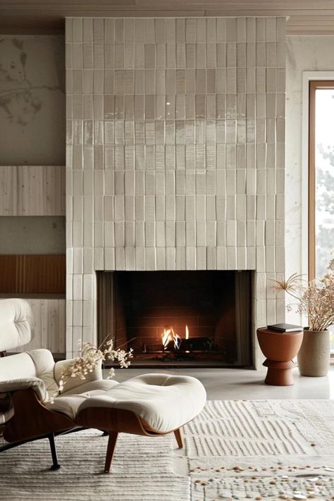 Elevate Your Space with Floor to Ceiling Fireplace Tile Ideas Tall Tiled Fireplace Wall, Floor To Ceiling Tiled Fireplace, Tiled Gas Fireplace, Fireplace Wall Tile Floor To Ceiling, Tile Fireplace Floor To Ceiling, Stacked Tile Fireplace, Amber Interiors Fireplace, Fireplace Wall Ideas Tile, Grey Tile Fireplace