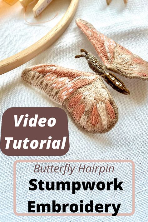 3d Embroidery Patterns Free, How To Do 3d Embroidery, 3d Embroidery Techniques How To Make, 3d Embroidery Tutorial, Wire Butterfly Diy Tutorials, Stumpwork Embroidery Patterns, Stumpwork Embroidery Tutorial, French Embroidery Patterns Vintage, Stumpwork Butterfly