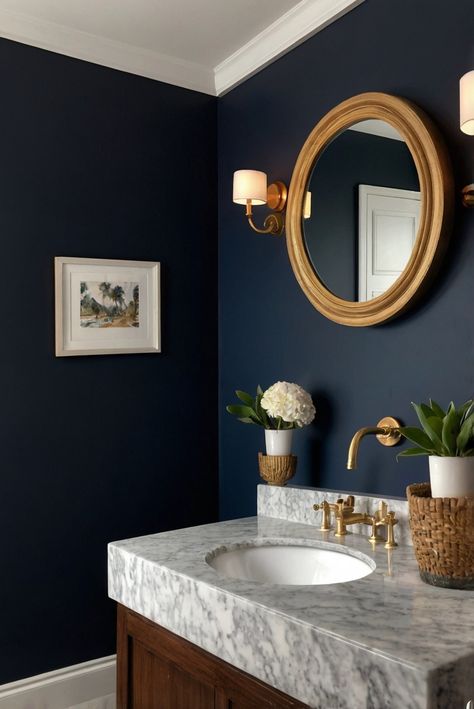 Step into sophistication with Hale Navy (HC-154) in your bathroom. Discover how to infuse nautical elegance into your daily interior design routine with this stunning color palette. #Ad #homedecor #homedesign #bathroom #Painthome interiorarchitecture best Wall Colors for Bathroom Colors Bright Room Colors best colors combinations bathroom bathroom Remodeling Modern Paint Colors 2024 Navy Blue Bathroom With Gold Accents, Bathroom With Navy Walls, Blue Painted Bathrooms, Nautical Half Bath, Navy Paint Bathroom, Navy House Interior, Navy Wall Bathroom, Navy Trim Interior, Navy Bathroom Paint