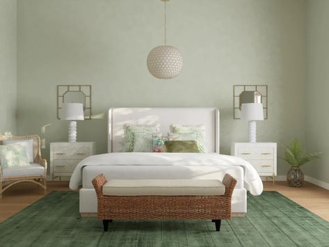 Pale Green Bedroom In Transitional Style | Transitional-Style Bedroom Design Ideas Pale Green Bedroom, Pale Green Bedrooms, Light Green Rooms, Transitional Style Bedroom, Bed Benches, Light Green Bedrooms, Green Bedroom Walls, Light Green Walls, Verde Salvia