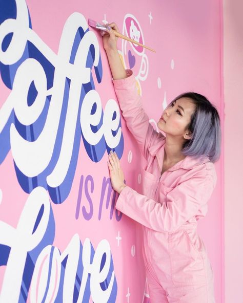 Huyen Dinh (@misshuyendinh) • Instagram photos and videos Coffee Pop Up, Typography Mural, Fun Murals, Mural Art Design, Different Lettering, Mural Artist, Coffee World, Watercolor Calligraphy, Beautiful Lettering