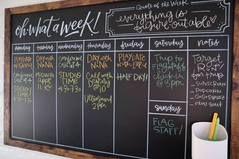 Chalkboard Organization Ideas, Chalkboard Wall Calendar Diy, Vinyl On Chalkboard, Chalkboard Wall Planner, Chalkboard Family Command Center, Weekly Specials Chalkboard, Chalkboard Wall Command Center, Chalkboard To Do List Ideas, Family Organisation Board