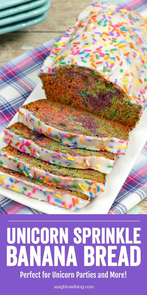 Perfect for Unicorn Breakfasts, Unicorn Parties, National Unicorn Day and more, bake up a batch of this delicious and fun Unicorn Banana Bread! Unicorn Day, Unicorn Foods, Baking With Kids, Birthday Food, Breakfast Breads, Savoury Cake, Breakfast For Kids, Sweets Treats, Kid Friendly Meals