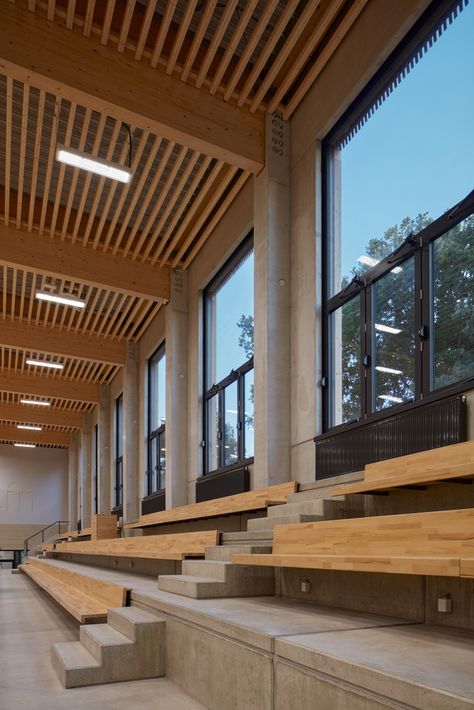 Gallery of Sports Hall in Borky / OV-architekti - 29 Hall Construction, Architecture Symbols, Sports Facility Architecture, Precast Concrete Panels, Sports Hall, Timber Architecture, Modern Office Interiors, Architectural Competition, Wood Architecture