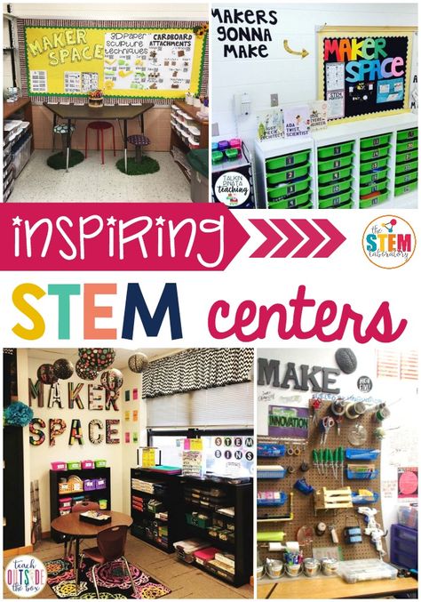 When it comes to setting up your STEM (science, technology, engineering and math) center, picking the perfect spot can make or break it. If you want to do it right, you need to be sure to have plenty of space for students to work AND enough room to store all of your supplies! So, to help you start brainstorming the perfect set-up for YOUR unique classroom, I've gathered some of my favorite STEM works spaces and  some inspiring storage ideas too. #stemcenters #makerspace #classroomdecor Steam Center In Classroom, Math Science Classroom Setup, Steam Lab Classroom, Stem Centers Elementary, Stem Sign Classroom, Science Centers Elementary, Maker Space Storage, Steam Lab Elementary Decor, Science Lab Classroom Design