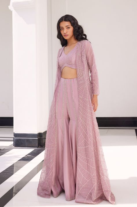 Lilac pink fully embellished jacket with lines embroidered bralette and kali sharara Palazzo Set With Jacket, Sharara With Blouse And Jacket, Sharara Suit With Jacket, Suit Sets Women Indian, Long Jacket Outfit Indian, Sharara With Jacket, Lilac Outfits, Long Jacket Outfit, Sharara Design