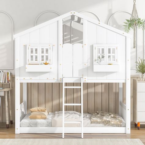 Harper Orchard Westhoughton Twin Kids Beds Twin over Twin House Bunk Bed with Roof | Wayfair Kids Platform Bed, Twin House Bed, Twin House, Bed Stairs, House Bunk Bed, Daybed With Drawers, Daybed With Storage, Roof Window, Kids Bunk Beds