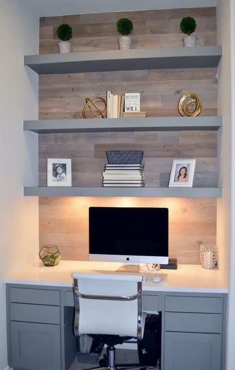 Built-in desk with shelving and undermount lights Built In Desk And Shelves, Office Refresh, Desk Nook, Home Office Designs, Home Office Closet, Basement Office, Office Built Ins, Cozy Home Office, Small Home Offices