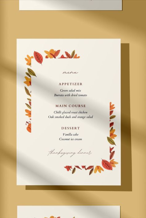 Thanksgiving Menu Cards, Pretty Menu Design, Friendsgiving Menu Template, Canva Menu Design, Seasonal Menu Design, Fall Dinner Menu Ideas, Holiday Menu Design, Fall Menu Design, Thanksgiving Menu Design