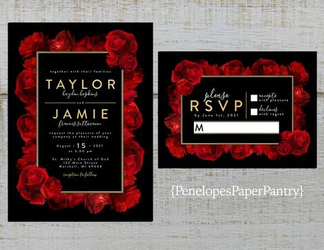 Romantic Red Rose Wedding Invitationblackred Rosesgold | Etsy Wedding Invitations Black And Red, Red Rose Invitation, Black And Red Roses, Red Rose Wedding, Quinceanera Ideas, Rose Wedding Invitations, Custom Matches, Venetian Masquerade, Gold Calligraphy