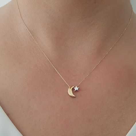 Solid Gold Moon Star Necklace, Minimalist Crescent Star Necklace, Star Crescent Necklace For Mothers Day Gift, Jewelry For Christmas Gift This necklace is handmade and produced with 10k 14k 18k solid gold according to your preference. Gold Color : Yellow Gold, White Gold, Rose Gold Pendant Size: Height : 0.39 inches ( 10 mm ) Width : 0.35 inches ( 9 mm ) We have 3 Types solid gold chain options: Type1 Chain (0.85mm thick) Type2 Chain (0.97mm thick) Type3 Chain (1.30mm thick) We use lobster claps Moon And Star Pendant, Jewelry For Christmas, Moon Star Necklace, Star And Moon Necklace, Necklace Star, Crescent Necklace, Moon Pendant Necklace, Solid Gold Chains, Rose Gold Pendant